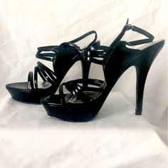 Sexy Shoes! Never Worn. Strappy 4-inch Heels For Night Out, Fitted Strappy Platform Heels, Strappy Synthetic Heels For Night Out, Synthetic Strappy Heels For Night Out, Glamorous Black Strappy Heels, Silver Platform Heels, Platform Stiletto Heels, Strappy Platform Heels, Black Peep Toe Heels