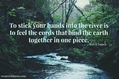 a river with trees in the background and a quote about to stick your hands into the river is to feel the cords that bind the earth together in one piece