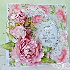 a card with pink flowers on it and a verse in the middle that says god