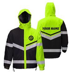 409ADIURJ026-Hi Vis Jacket Waterproof And Windproof Uniform Reflective Black Green Neon  High-Visibility Waterproof Safety Jacket: Stay Dry, Visible, and Comfortable   Material: 150DPU Oxford, 100% polyester for durability and water resistance  Key Features:    Ultimate Waterproof Protection:  Engineered for harsh weather conditions Keeps you dry and visible in challenging environments    Premium Reflective Strips:  Sewn-in, heat-transfer-free design Abrasion-resistant for long-lasting visibility Maintains reflective properties over time    Comfort-Focused Design:  Adjustable drawstring hood for head protection Elastic cuffs and hem for warmth and fit Dust-proof material for cleanliness Spacious side pockets for convenient storage    Versatile Workwear:  Ideal for construction, road work, Safety Jacket, Outdoor Jobs, Company Uniform, Road Work, Camo And Pink, Green Neon, Head Protection, Hoodie Green, Waterproof Jacket