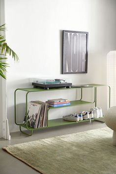 a living room with a green shelf holding records