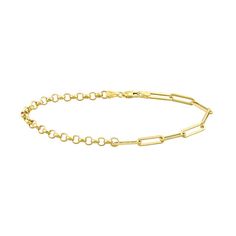 Enjoy two chains in one with this 14k gold bracelet. It combines a paper clip chain and rolo chain for a unique and versatile accessory. Enjoy two chains in one with this 14k gold bracelet. It combines a paper clip chain and rolo chain for a unique and versatile accessory. Clasp: lobster claw Nickel free Metal: 14k gold Length: 7.5 in. Chain width: 3.8 mm Packaging: boxed Finish: polished Chain type: rolo Size: 7.5". Color: Yellow. Gender: female. Age Group: adult. Formal Paperclip Chain Bracelet With Adjustable Chain, Yellow Gold Paperclip Cable Chain Bracelet, Yellow Gold Link Charm Bracelet With Cable Chain, Gold Paper, Rolo Chain, Paper Clip, Delicate Bracelet, Lobster Claw, Chain Bracelet