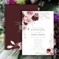 a wedding card with flowers on the front and back, in burgundy tones is shown