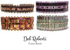 four different colored bracelets with beads and stones on the sides, all in different colors