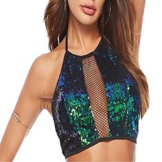 Iredescent Sequined Mesh Top Very Trendy Great For Festivals Disco Style Evening Crop Top For Summer, Disco Style Crop Top For Summer Nights Out, Summer Festival Crop Top With Sequins, Disco Crop Top For Night Out In Summer, Multicolor Sequin Crop Top, Multicolor Sequined Crop Top, Spring Sequin Crop Top For Club, Sequin Crop Top For Club In Spring, Shimmer Crop Top For Summer Night Out