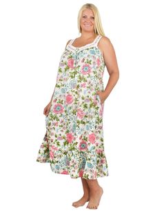 This 100% cotton sleeveless gown has a sweetheart neckline trimmed with beautiful cotton crochet lace beaded with ribbon trim. The soft cotton fabric is printed with a rich English Garden print teeming with delicate blooms. The 5 button placket opening makes it easy to put on and take off. A full flounce is added to the mid-calf hemline for added ease in walking. Side seam pockets have been added for convenience and can accommodate small items. Style: GownMaterial: 100% CottonPattern: Floral Nec Summer Cotton Nightgown With Floral Print, Summer Floral Cotton Nightgown, Summer Cotton Floral Print Nightgown, Spring Cotton Nightgown With Floral Print, Spring Floral Print Cotton Nightgown, Sleeveless Lace Sleepwear With Floral Print, Sleeveless Cotton Nightgown With Ruffles, Spring Cotton Nightgown With Lace Trim, Sleeveless Cotton Nightgown With Lace Trim