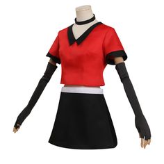 a woman in a red shirt and black skirt