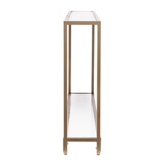 the side table has a glass top and metal frame, with an open shelf underneath it