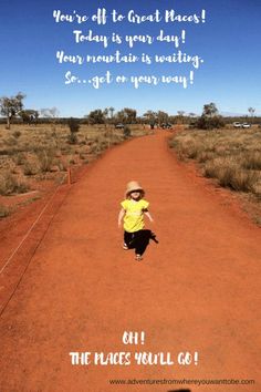 a little boy walking down a dirt road in the middle of an open field with words above him that says, you're all to great places today is your day