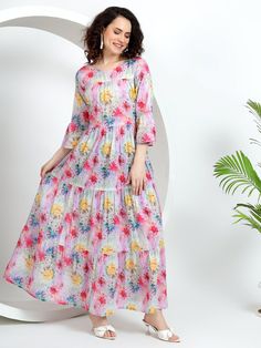 𝐈𝐭𝐞𝐦 𝐃𝐞𝐬𝐜𝐫𝐢𝐩𝐭𝐢𝐨𝐧 The style of Indian cotton dresses in tie dye knit flowy sewing pattern - is all handcrafted with 100% organic fabric. Perfect for summer clothing in lightweight and cool comfort, in ankle length size on white long sleeve umbrella pattern. About the dress: The dress is made in a beautiful hand block print and 100% pure cotton fabric. Extremely comfortable fit, elegant and feminine look. * Handmade in our studio * Boat Neckline * Adjustable Waist/Bust * Higher Wais Multicolor Floral Maxi Sundress, Spring Tie Dye Long Sleeve Dress, Spring Floral Print Free Size Maxi Dress, White Summer Dress With Digital Print, White Digital Print Dress For Summer, White Dresses With Digital Print For Summer, Tie Dye Free Size Dress For Spring, Multicolor Print Maxi Dress For Garden Party, Spring Tie Dye Free Size Dresses