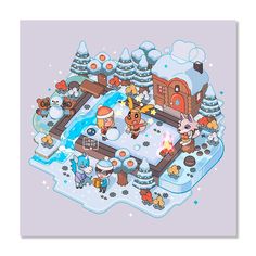 an animal crossing game is shown in the middle of a snow covered area with buildings and trees