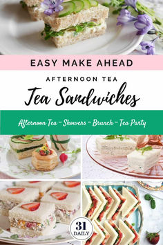 A collage of tea party recipes Afternoon Tea Sandwiches, Party Sandwiches Recipes, Tea Party Sandwiches Recipes, Tea Dance, Cucumber Tea Sandwiches, Tea Sandwich, Tea Party Sandwiches, Tea Sandwiches Recipes, Books And Tea