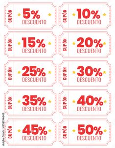 red and white coupons with the words 25 % descuento on them