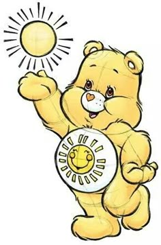 a drawing of a yellow teddy bear holding a white frisbee with the sun above it