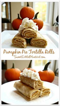 pumpkin pie tortilla rolls with whipped cream on top