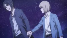 two anime characters holding hands in front of the night sky with stars and clouds behind them