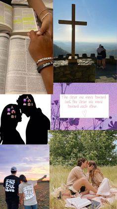 the collage shows two people, one holding a book and another kissing in front of a cross