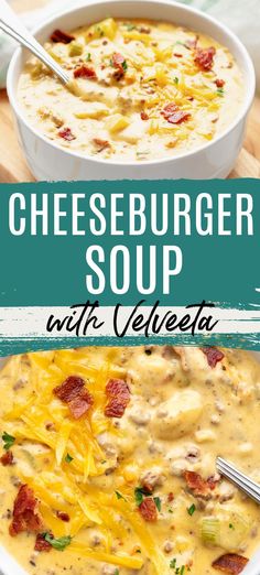 Two photos of cheesy soup in a collage. Slow Cooker Cheeseburger Soup, Cheeseburger Soup Recipe, Velveeta Recipes, Chicken Lickin, The Chunky Chef, Comfort Recipes, Bacon Cheeseburger Soup, Chunky Chef