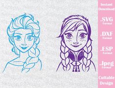 two frozen princesses with long hair, one in blue and the other in pink