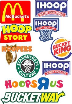 several different logos and stickers on a white background, including mcdonald's hoop story