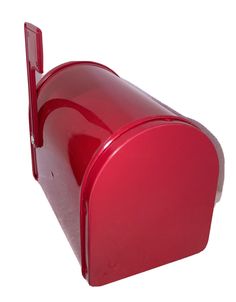 a red mailbox is shown on a white background with clippings to the side