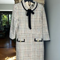 Brand New Elegant White Tweed Dress For Formal Occasions, Elegant White Tweed Formal Dress, Elegant White Tweed Office Dress, Elegant White Tweed Dress For Office, Classic White Mini Dress For Fall, Elegant White Tweed Midi Dress, White Tweed Dress For Formal Spring Occasions, Elegant White Midi Length Tweed Dress, Formal White Tweed Dress