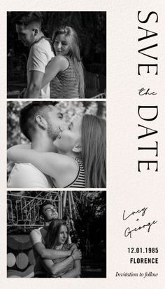 the save the date card is shown with three photos in black and white, including two people