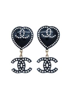 circa 2009 black drop design heart motif signature interlocking CC logo rhinestone embellishment gold-plated hardware clip-on design These earrings come as a pair. Condition: GOOD. This previously owned and used item is in good condition with minimal signs of use. This may include fading of material or plating and scratches. Purchasing this item continues its narrative and reduces the environmental impact by avoiding the use of new resources needed to make the product from scratch, such as water, materials and electricity, and avoiding additional manufacturing impact. Learn more about what makes a product Conscious on our Conscious Criteria page Designer Black Clip-on Earrings, Designer Black Clip-on Jewelry, Classic Black Jewelry With Logo Charm, Black Metal Jewelry With Logo Charm, Luxury Metal Clip-on Earrings, Designer Heart-shaped Formal Earrings, Elegant Black Jewelry With Logo Charm, Designer Heart Shaped Earrings For Formal Occasions, Designer Black Metal Jewelry