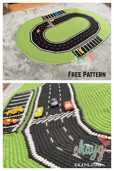 a rug with cars and trucks on it is shown in two different pictures, one has a