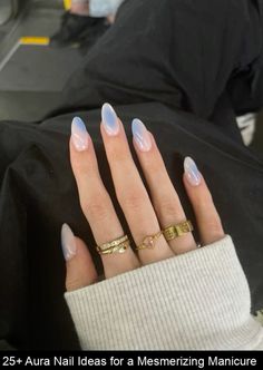 Birthday Nail Inspo Acrylic Almond, Cute Nails Clouds, Blueberry Aura Nails, Blue Easy Nail Designs, Sky Blue Aesthetic Nails, Blueberry Milk Nails Almond, Gel Nails Aura, Cloud Blue Nails, Nail Inspo Aura Nails