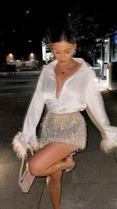 New Year’s Eve Outfit   • White button down   • Sparkles  • Skirt  • Heels   • Purse  • Makeup   • Natural makeup   • Outfit ideas  • Style   • Aesthetic Glam Outfit, Outfit Chic, New Years Outfit, Paris Mode