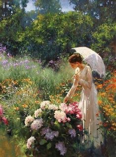 a painting of a woman with an umbrella in a garden full of flowers and plants