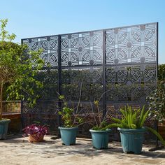 several potted plants in front of a metal screen on top of a brick patio