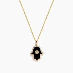 Effy Novelty 14K Yellow Gold Onyx and Diamond Hamsa Pendant Gold Diamond Necklace With Black Enamel, Black 14k Gold Pendant Jewelry, Black Enamel 14k Gold Necklace, Elegant 14k Gold Necklace With Black Enamel, Elegant Black Enamel 14k Gold Necklace, Black 14k Gold Tarnish Resistant Necklace, Black 14k Gold Tarnish-resistant Necklace, 14k Gold Black Tarnish-resistant Necklace, 14k White Gold Jewelry With Black Enamel