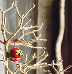 a red ornament hanging from a tree branch