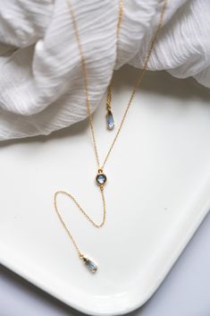 two necklaces sitting on top of a white plate