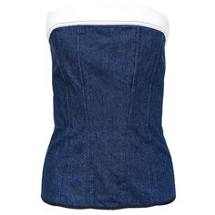 Elevate Your Wardrobe With The Chanel Denim Strapless Corset Top In Size 42, A Standout Piece From The 1990-1991 Collection That Has Been Seen On Sabrina Carpenter. This Navy Dark Denim Bustier Features A Strapless Design With A Crisp White Lining On The Bust, Accented By A Chic White Line On The Back. The Tailored Silhouette Hugs Your Curves Perfectly, Highlighted By Center Princess Seams And An Interior Corset-Fitted Cage For A Flawless Fit. The Back Is Adorned With A Gold Cc Logo Button And A Discreet Zip Closure, Adding A Touch Of Luxury. Ideal For U.S. Sizes S/M, This Pre-Owned Corset May Show Signs Of Wear, Including A Stain On The Back Of The White Lining, Which Adds To Its Vintage Ch Strapless Corset Top, Chanel Denim, Denim Bustier, Denim Corset Top, Denim Corset, Strapless Corset, White Line, Princess Seams, Cc Logo