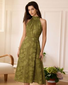 The Green Jacquard Ruched Halter Midi Dress & Reviews - Green - Dresses | RIHOAS Green Midi Dress Wedding, Halter Neck Dress Formal, Midi Dress Wedding, Dark Green Dress, Green Dresses, Halter Midi Dress, Garden Parties, Green Midi Dress, Halterneck Dress