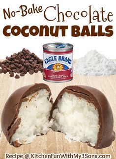 an advertisement for chocolate coconut balls on a wooden table