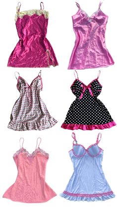 four different types of dresses are shown in the same color and pattern, one is pink, one is blue