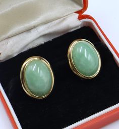 Vintage marked 14k gold & oval shape light natural jade cabochon w Omega back earrings, In good vintage condition, It's 16 mm wide 22 mm long , Jade 20 mm x 14 mm. Weighs 6.7 gram. Thanks. Ship US only Classic Oval Cabochon Clip-on Earrings, Oval Jade Earrings For Anniversary, Formal Jade Earrings, Natural Jade, Jewelry Earrings Studs, Oval Shape, Labour Day, Etsy Earrings, Jade