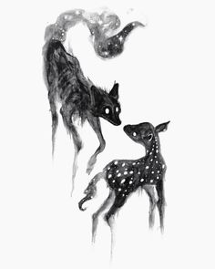 an ink drawing of two deers in the snow