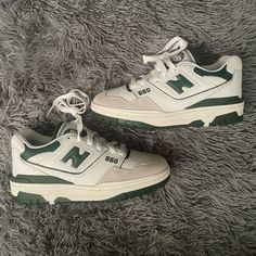 New Balance 550 In White/Green. Men’s Size 4.5/ Women’s Size 6. In Excellent Condition Never Worn Worn Shoes Aesthetic, Classic New Balance Skate Shoes With Round Toe, New Balence550, Nb 550 Green, Nb 550, Shoe Essentials, School Appropriate Outfits, Dream Sneakers, Balance 550