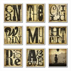 six different type of wall hangings with the words, one for each letter and two for