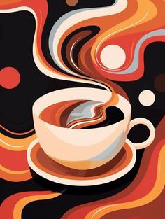 a cup of coffee with steam coming out of the top and colorful swirls around it