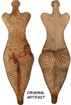 two wooden sculptures with designs on them, one in the shape of a woman's body