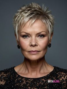 Looking forward to creating this refined spikey look for you, perfectly suited for women over 50 who blend rebellion with elegance. This style, echoing the bold choices of Judi Dench, is both edgy and sophisticated. Picture yourself at an exclusive book launch or a gallery opening, dressed in an edgy yet elegant outfit, this hairstyle making a statement about your fearless and refined taste. It’s ideal for the woman who enjoys standing out with a touch of class. Judy Dench Hair Pixie Cuts, Judi Dench Haircut, Pixie Geldof Short Hair, Judy Dench Hair, Jane Fonda Hairstyles 2022, Spikey Short Hair, Botox Face, Short Spiked Hair