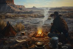 a painting of a man sitting next to a campfire in the middle of nowhere