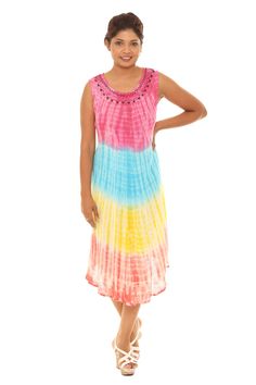 Enhance your wardrobe and lend a boho-chic vibe to your ensemble with this multicolor tie-dye shift dress boasting a breezy design. Woven 100% rayon Machine wash Bohemian Colorful Midi Dress For Summer, Casual Multicolor Flowy Boho Dress, Hippie Multicolor Dresses For Beach Season, Casual Multicolor Midi Dress For Festival, Multicolor Hippie Boho Dress For Beach Season, Multicolor Boho Sundress For Beach, Multicolor Boho Sundress For Beach Cover-up, Multicolor Spring Festival Midi Dress, Spring Festival Multicolor Midi Dress