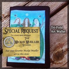 "You get to pick your fave Mickie Mueller art and we'll put it on this Black Trifold Nylon Wallet. It measures 4.5\" x 3.1\", with the full color art panel measuring 3-7/8\" x 2-5/8\" with a velcro closure . Great functional wallet, perfect pocket size. It has lots of interior pockets for photo ID, credit cards and more and a roomy pocket for cash. ATTENTION In order to get your items shipped as quickly as possible please make sure that you tell us in the \"Note to Seller\" when you check out wh Oval Tile, Wallet Art, Fabric Wallet, Color Art, Money Clip Wallet, Panel Art, Trifold Wallet, Pocket Size, Credit Cards